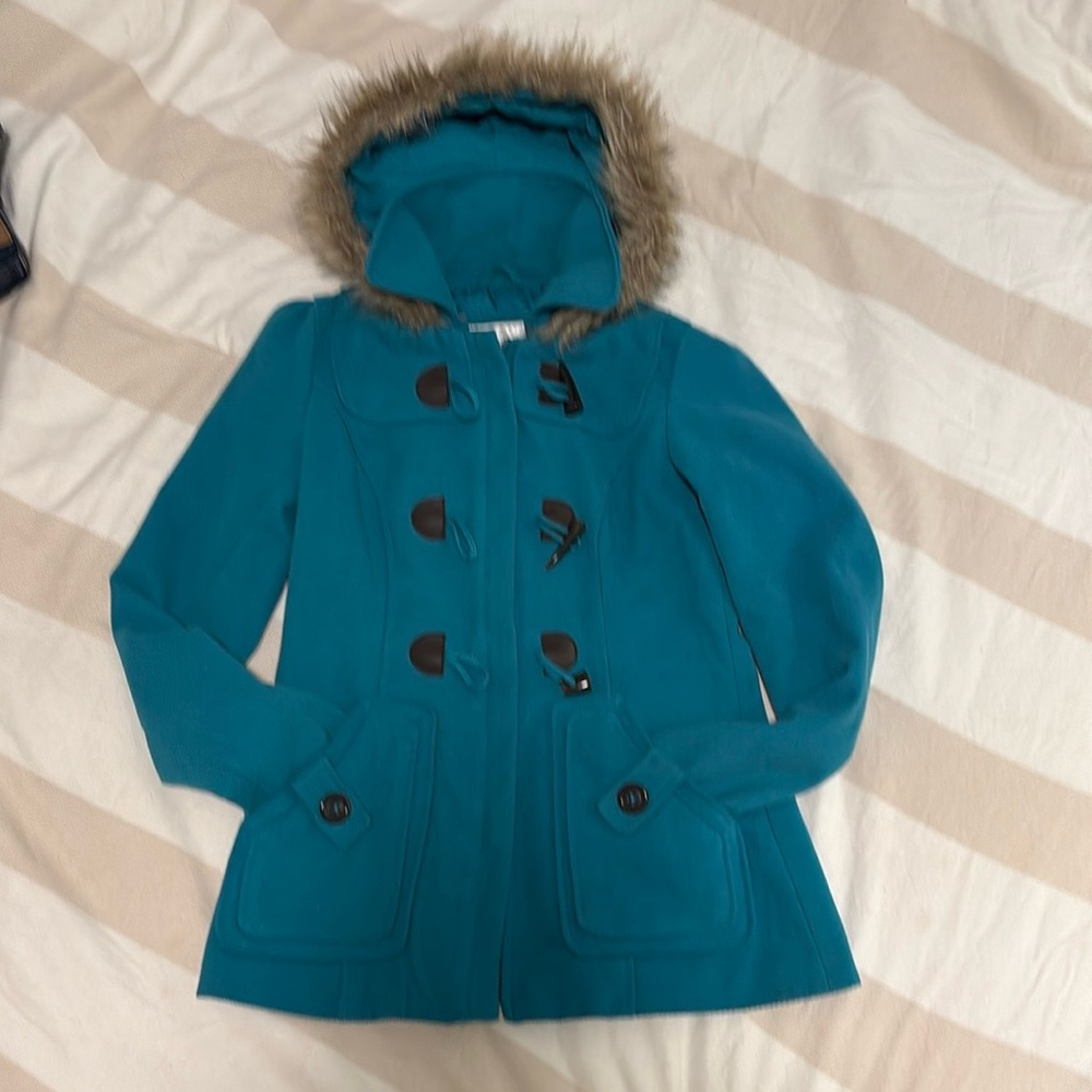 Xhilaration Teal Hooded Coat with Faux Fur Trim